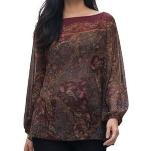 Lauren Ralph Lauren XL Sheer Paisley Print Blouse Maroon Boho Long Sleeve Top